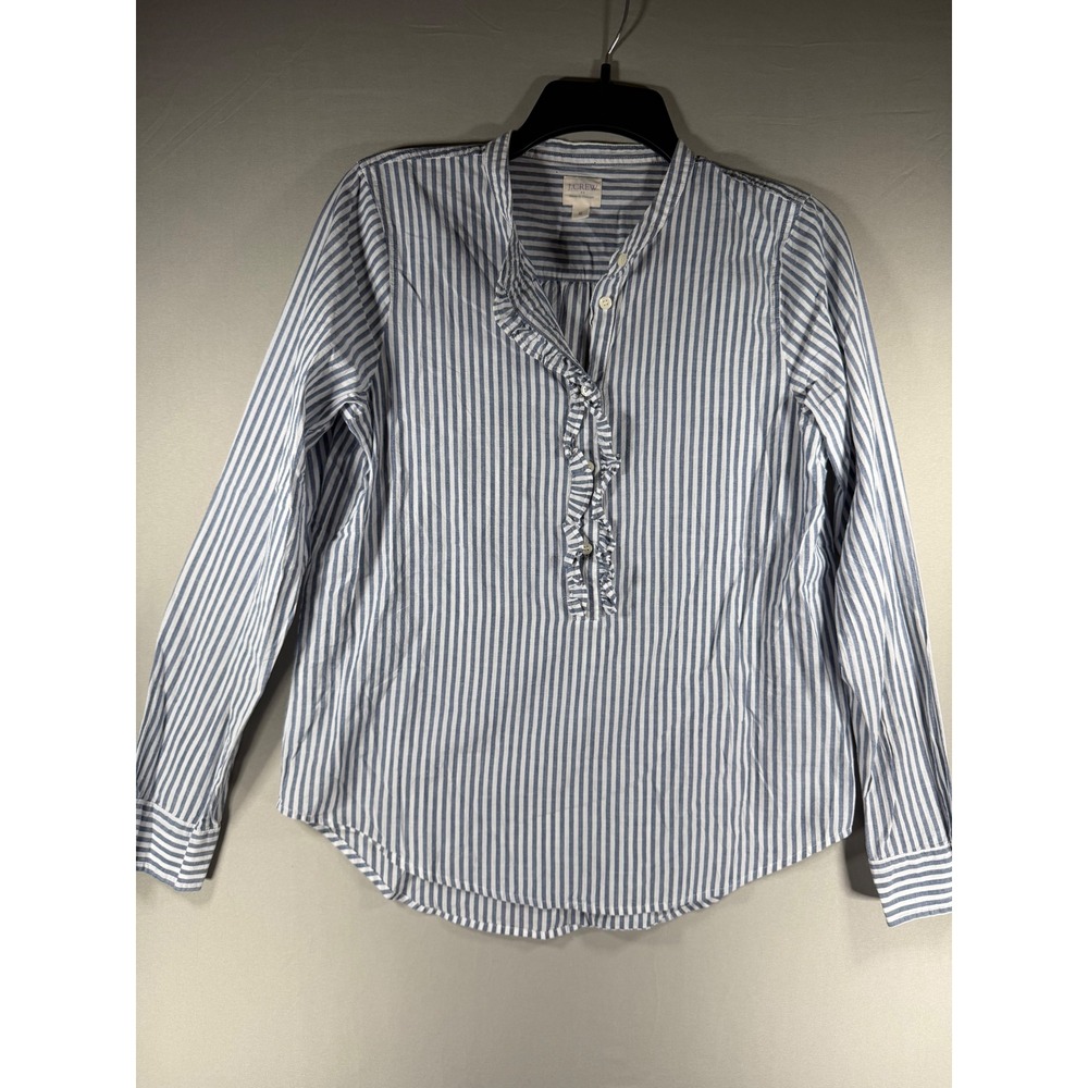 J.Crew Womens Blue White Striped Ruffle Front Cotton Blouse Small